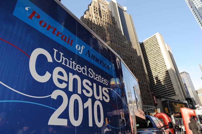 A truck arrives for the launch of the 2010 Census Portrait of America Road Tour on January 4, 2010 in New York's Times Square, part of the largest civic outreach and awareness campaign in U.S. history